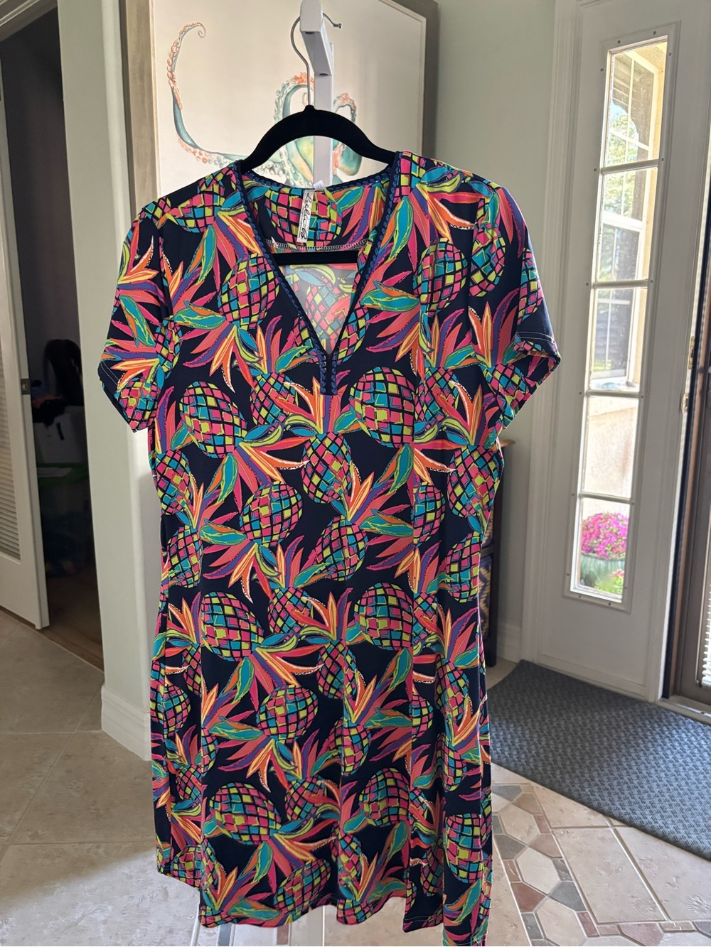 #071 Lulu-B Navy Multicolor Pineapple-Leaf Shift Dress - SPF